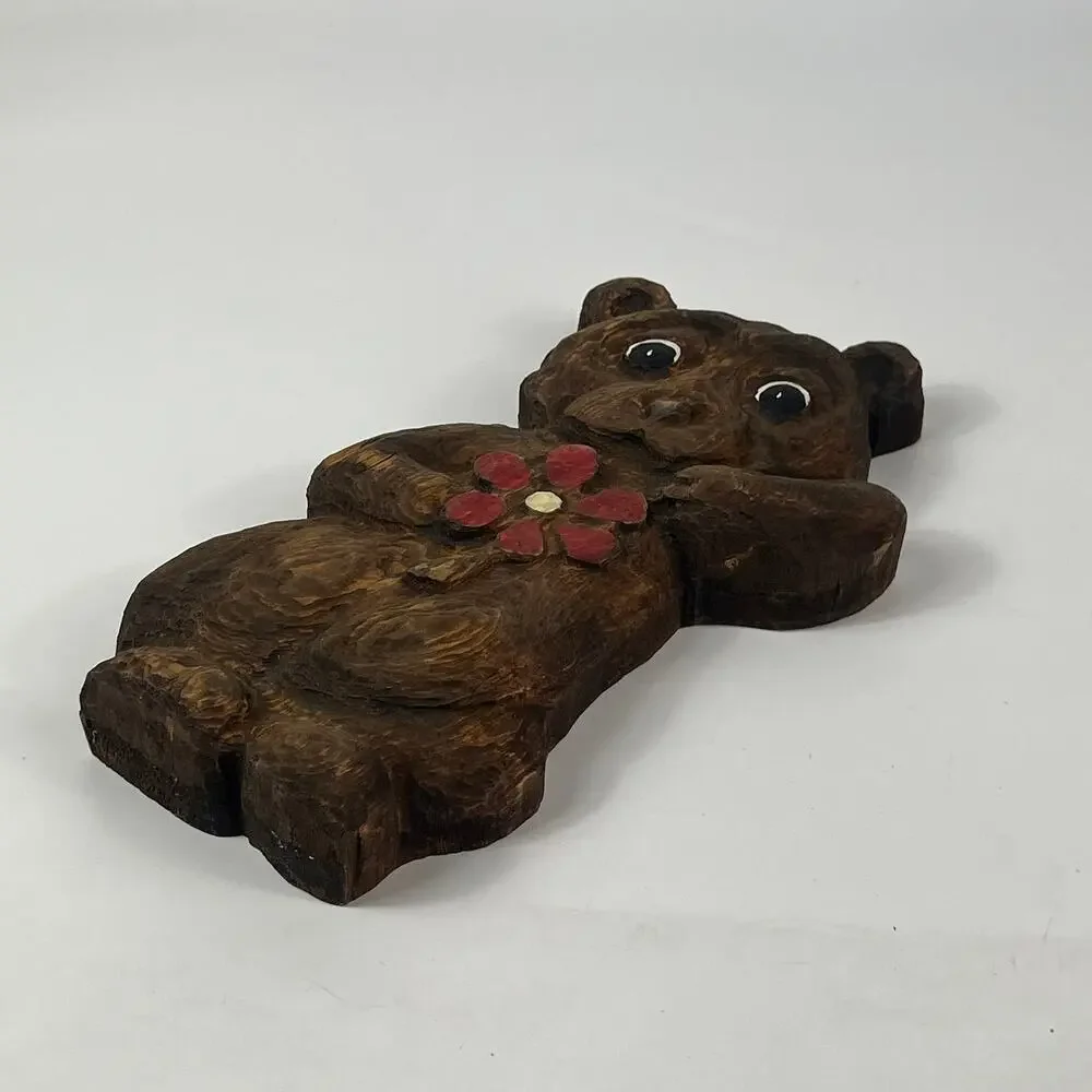 Vintage Handmade Wooden Bear Carved Hand Painted Wall Hanging Decor Red Flower